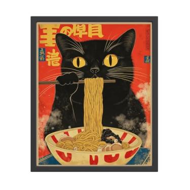 Imagem de Arte de parede de gato japonês vintage, pôster fofo de gato preto comendo ramen, arte exclusiva de decoração de cozinha para sala de estar, cozinha, sala de jantar, decoração de parede 2 (20 x 25 sem