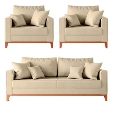 Imagem de Kit Sofá 2 Lugares E 2 Poltronas Beny Com Base De Madeira Linho Areia