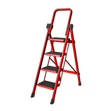 Imagem de Escadas dobráveis Escadas vermelhas Escadas de 4 degraus Banquinho dobrável com apoio de braço dobrável de 180° Escadas de metal, classificação de peso de 150 kg, escada resistente (cor: branco