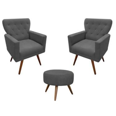 Imagem de Kit 2 Poltronas Decorativa Aurora + 1 Puff Redondo Suede Cinza Pés Mad