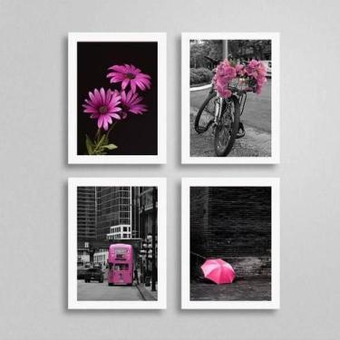 Imagem de Kit 4 Quadros Fotografias Rosas 45X34Cm Com Vidro Branca - Quadros On-