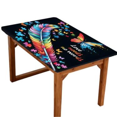 Imagem de Toalha de mesa retangular de 1,8 m elástica ajustada penas coloridas para autismo, capa de mesa retangular, impermeável, lavável, protetor de mesa para piquenique, jantar, cozinha, decoração ao ar