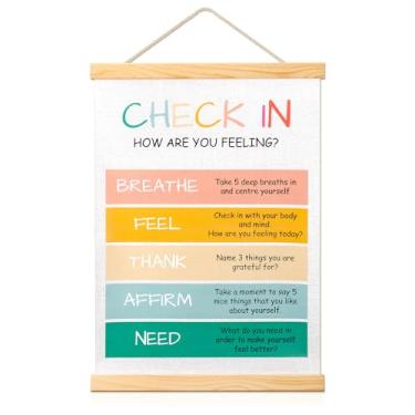 Imagem de Veswocp Pôster de verificação de saúde mental - How Are You Feeling? Decoração de escritório de terapia, arte de parede de autocuidado para aconselhamento, assistente social, conselheiro escolar com
