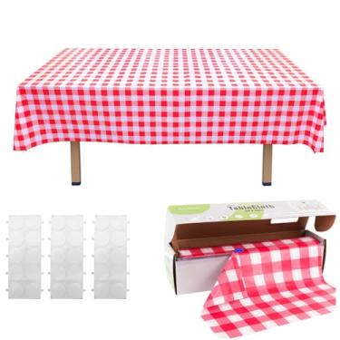 Imagem de KAshack Rolo de toalha de mesa de plástico, capa de mesa com caixa de corte deslizante conveniente - toalhas de mesa descartáveis xadrez vermelhas para churrasco, festa, aniversário, casamento, ao ar