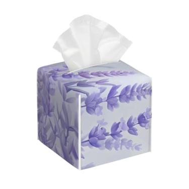 Imagem de Porta-lenços de papel quadrado de couro impermeável lavanda flor roxa organizador de papel facial com cinto inferior cubo estojo de lenços para mesa, banheiro, escritório, mesa, carro, decorativo