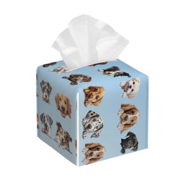 Imagem de Capa quadrada de couro para caixa de lenços de papel, impermeável, azul, animal, cão, organizador de papel facial com cinto inferior, estojo de lenços para mesa, banheiro, escritório, mesa, carro