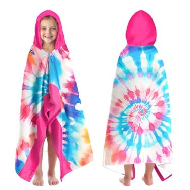 Imagem de Toalhas de praia grandes com capuz com estampa tie-dye para crianças de 7 a 10 anos, toalhas de banho com capuz para crianças adolescentes 89 x 152 cm, toalha rosa de secagem rápida, perfeita para