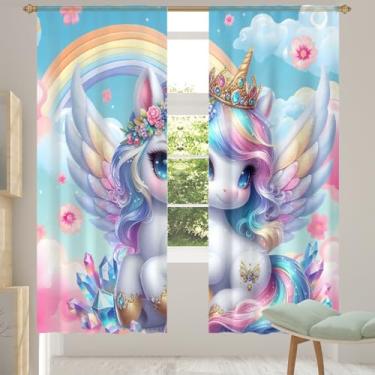 Imagem de 2 conjuntos de painéis lindas cortinas transparentes coloridas de unicórnio, cortinas transparentes arejadas com filtro leve, painéis de cortina de porta e janela para sala de estar, quarto, jantar