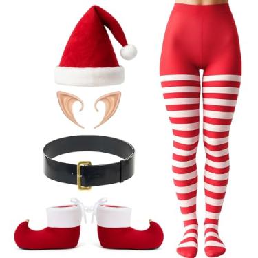Imagem de Geyoga Conjunto de 5 peças de fantasia de elfo de Natal, fantasia de ajudante de Papai Noel, roupa de Natal, chapéu de elfo, sapatos de orelhas, cinto meias para mulheres e adultos, Vermelho, branco