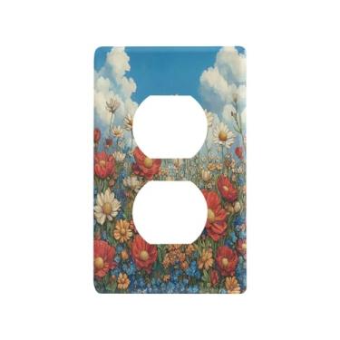 Imagem de Blueangle Placa de parede de tomada dupla de flores silvestres coloridas, tamanho padrão, placas de cobertura de tomada elétrica de 1 gangue para decoração de quarto de escritório em casa, 4,53 x 2,76