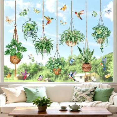 Imagem de decalmile Adesivos de janela dupla face para pendurar em vaso com mola cacto botânico folhas verdes anticolisão adesivos de janela para portas de vidro