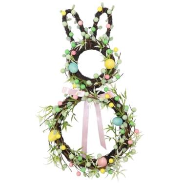 Imagem de BINFEN Guirlanda de coelhinho da Páscoa de 45,7 cm – Guirlanda pequena em forma de coelho com decorações de frutas e ovos rosa, verde e amarelo, decoração de Páscoa para porta da frente, guirlandas de