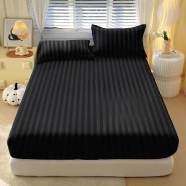 Imagem de Jogos De Lençol Com Elástico Listrado 400 Fios Solteiro 2 Peças Casal e Queen 3 Peças(Preto,QUEEN 03 Peças)