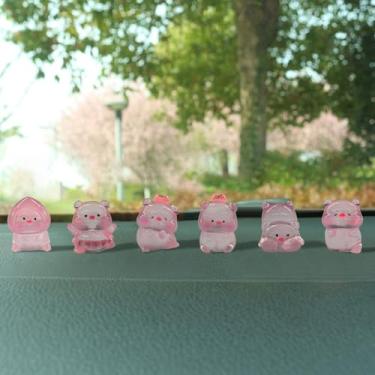 Imagem de DUSCOKE Conjunto de 6 peças de decoração de painel de carro de porco luminoso fofo - mini enfeites de espelho retrovisor de resina, decoração de console central de carro - Estatueta de porquinho de