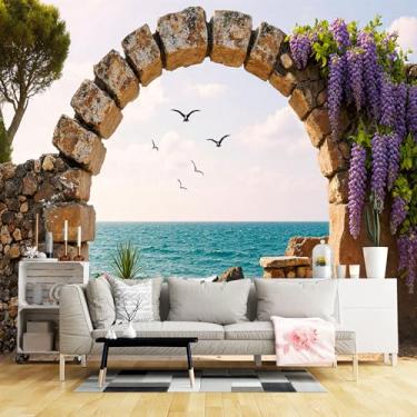 Imagem de Murais de parede de tamanho personalizado, arco de pedra cena costeira tecido de parede autoadesivo (sem PVC) papel de parede grande removível para sala de estar, quarto, escritório