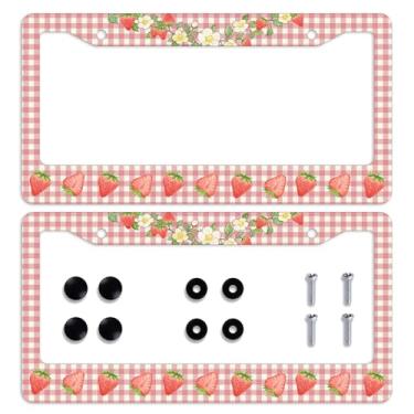 Imagem de 2 peças rosa xadrez morango moldura placa de licença berry floral guirlanda carro placa de carro personalizado aço inoxidável metal carro placas engraçadas molduras decorativas para homens mulheres