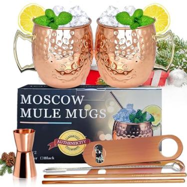 Imagem de Conjunto de 2 canecas Moscow Mule conjunto de 2 copos grandes forrados de mascow mule de 510 g de cobre banhado a cobre, caneca martelada segura para alimentos e bebidas geladas em casa, bar, louça (2 pacotes de cobre)