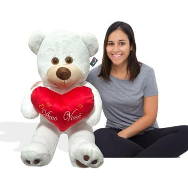 Imagem de Urso de Pelúcia Gigante 1 metro Branco com Almofada Coração Amo Voce Romantico Fofo Hipoalergênico Macio - Pelucias HAS Brasil