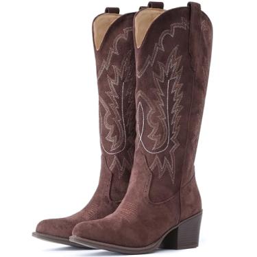 Imagem de IUV Botas femininas de camurça caubói de salto grosso, bico fino, botas de vaqueira, cano médio, botas bordadas ocidentais, Café, 5 Wide