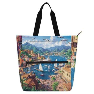 Imagem de GAIGEO Bolsa feminina cênica mediterrânea costeira bolsa de trabalho de lona para escola universitária bolsas fofas para crianças amantes de livros