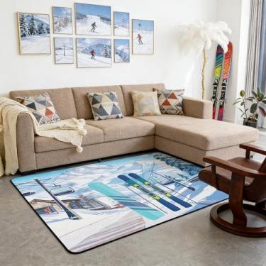 Imagem de Tapete de área temática de esqui 100 cm x 150 cm x 1 cm desenho animado azul esquis, estação de esqui, teleférico, tapete antiderrapante para crianças adolescentes adultos branco neve montanha estilo