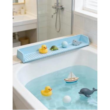 Imagem de Protetor contra respingos para banheira, protetor de respingos de silicone de 70 cm com 11 ventosas, suporte dobrável de brinquedo de banho e prateleira de brincar, evita derramamentos de água em
