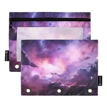 Imagem de Bolsa de lápis roxa para fichário de nebulosa com zíper, bolsa de lápis frontal transparente, bolsa de material escolar, pacote com 2