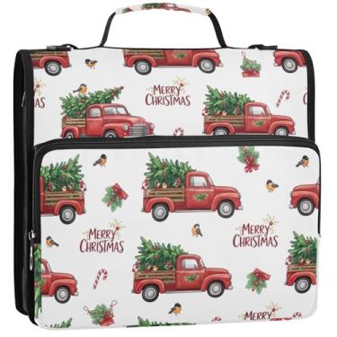 Imagem de Trucks Christmas Trees Red 3 argolas para fichários de 3,8 cm com zíper e alça para documentos escolares, vários bolsos, pasta grande, 34,5 x 31,5 x 9 cm