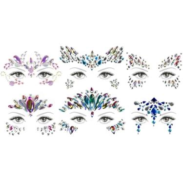 Imagem de 6 folhas de tatuagens com glíter, pedras de rosto, olhos, joias corporais, strass para maquiagem, adesivos de unhas para rosto e borboleta, acessórios de fantasia, glitter
