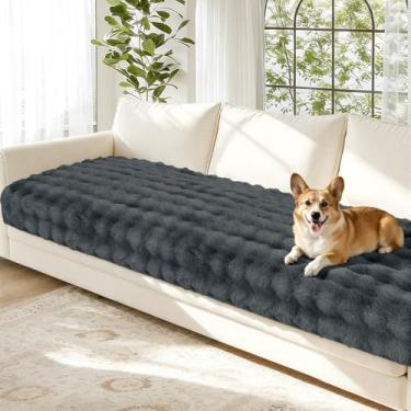 Imagem de Arfntevss Capa de sofá lavável de pelúcia para cães com 3 almofadas para sofá de pele sintética felpuda, 3 assentos, protetor de móveis antiderrapante (cinza aveludado, 90 cm x 180 cm)