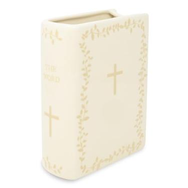 Imagem de Steel Mill & Co Vaso decorativo original em forma de livro, vasos de cerâmica para decoração de casa, linda decoração cristã, vaso bíblico exclusivo para amantes de livros (grande - a palavra)