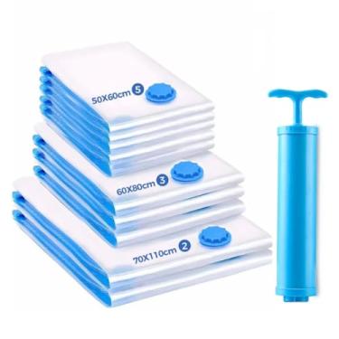 Imagem de Kit 10 Sacos a Vácuo Organizadores com Bomba Manual ou Elétrica para Roupas, Mala de Viagem e Guarda-Roupa(10 Sacos M, G, GG + B. Manual)