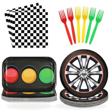 Imagem de Greencian 96Pcs Race Car Party Supplies Cars Wheels Traffic Light Plates and Napkins Racing Theme Disposable Paper Tableware Set for Boys Girls Car Birthday Baby Shower Party Decorationes Serves 24