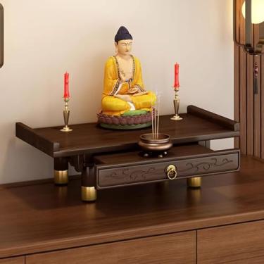 Imagem de Mesa de altar com suporte de estátua de Buda – Suporte de incenso de nicho de oração chinesa, pedestal de exibição de bambu para sala de estar, templo e escritório (comprimento de 66 cm)