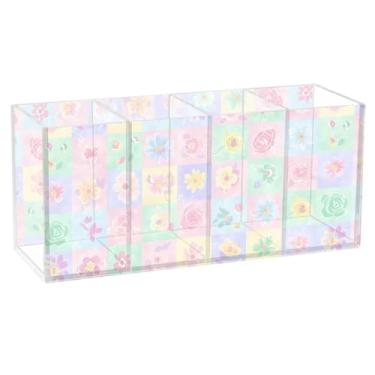 Imagem de Burbuja Porta-canetas de acrílico xadrez floral, 4 compartimentos, suporte de lápis transparente para pincéis de maquiagem, acessórios de mesa de escritório em casa