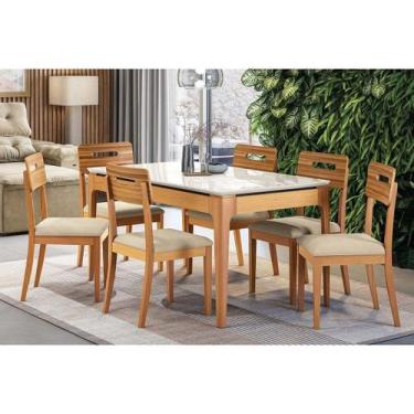 Imagem de Conjunto Mesa Mira Premium Madeira Maciça c/ Tampo Madeirado c/ Vidro 
