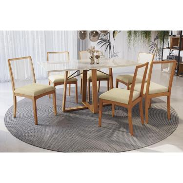 Imagem de Sala Jantar Mesa Elma Premium Madeira Maciça c/ Tampo Madeirado c/ Vidro 160x90cm e 6 Cadeiras Lara Carvalho/Off White - Boucle Bege - Kappesberg