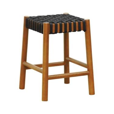 Imagem de Banco Baixo Amber Madeira Maciça - Amêndoa Trançado Corda Na Cor Preta