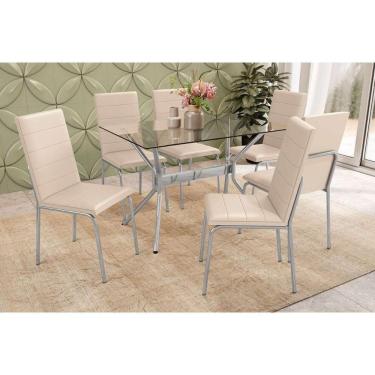 Imagem de Conjunto Mesa Sala Jantar Loire Com Tampo De Vidro 120x80cm E 6 Cadeiras Amsterdã Cromada Nude Kappesberg