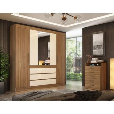 Imagem de Guarda-Roupa Casal 4 Portas Cádis com Espelho 2 Gavetas Amêndola Touch/Off White | 217cm | MDP