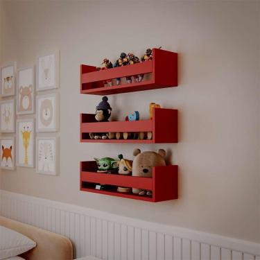 Imagem de Kit 3 Prateleiras Porta Brinquedos Vermelha 60 X 12cm Suporte Invisivel