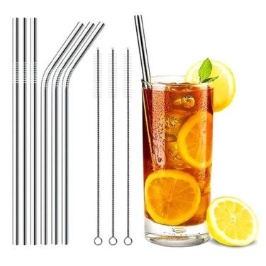 Imagem de Kit 6 Canudos Reutilizável Aço Inox Reto E Curvo + 3 Escovas - KEHOME,