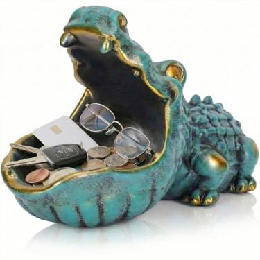 Imagem de LCCCK Prato de doces de crocodilo, tigela de chave de estátua de crocodilo divertida para mesa de entrada, escultura verde de boca grande, tigela de doces de hipopótamo de animais estranhos - para