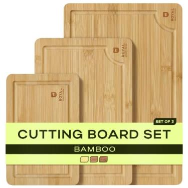 Imagem de Placa de corte de bambu orgânico com ranhura de suco (conjunto de 3 peças) – Melhor tábua de corte de cozinha para carne (bloco de açougueiro) queijo e legumes | Bandeja de serviço pesado antimicrobiana com alças, Bamboo, 3-Piece