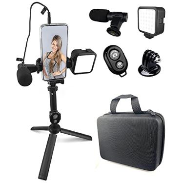 Imagem de Acuvar Kit de vídeo vlogging para smartphone com luz LED, suporte de telefone, microfone, tripé de bastão de selfie, estojo de transporte, kit de iniciação do YouTube para criador de conteúdo de