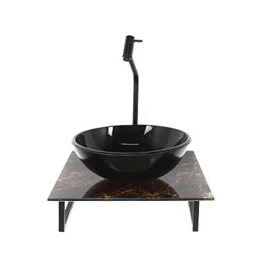 Imagem de KIT CUBA DE VIDRO REDONDA 10MM COM TAMPO DE VIDRO 40CM X 40CM MÁRMORE IMPERDADOR E SUPORTE PRETO