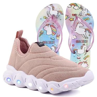 Imagem de Tenis Infantil De Led Calce Facil Elastico Meninas Feminino + Chinelo Cor:Rosa;Tamanho:32