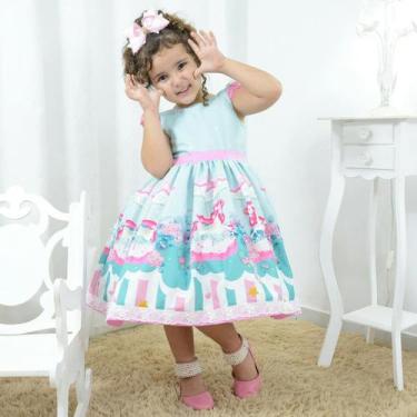 Imagem de Vestido Infantil Tema Carrossel Com Unicórnio, Sorvetes - Moderna Meni