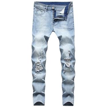 Imagem de Calça jeans masculina clássica skinny elástica rasgada e rasgada calça skinny moderna, Azul, P