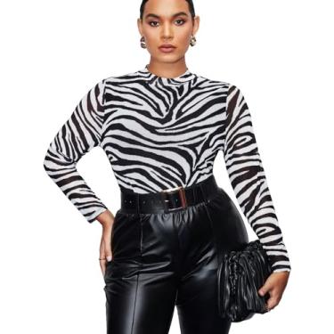 Imagem de Floerns Camisetas femininas plus size com estampa floral gola alta de malha transparente, Zebra preta listrada, GG Plus Size